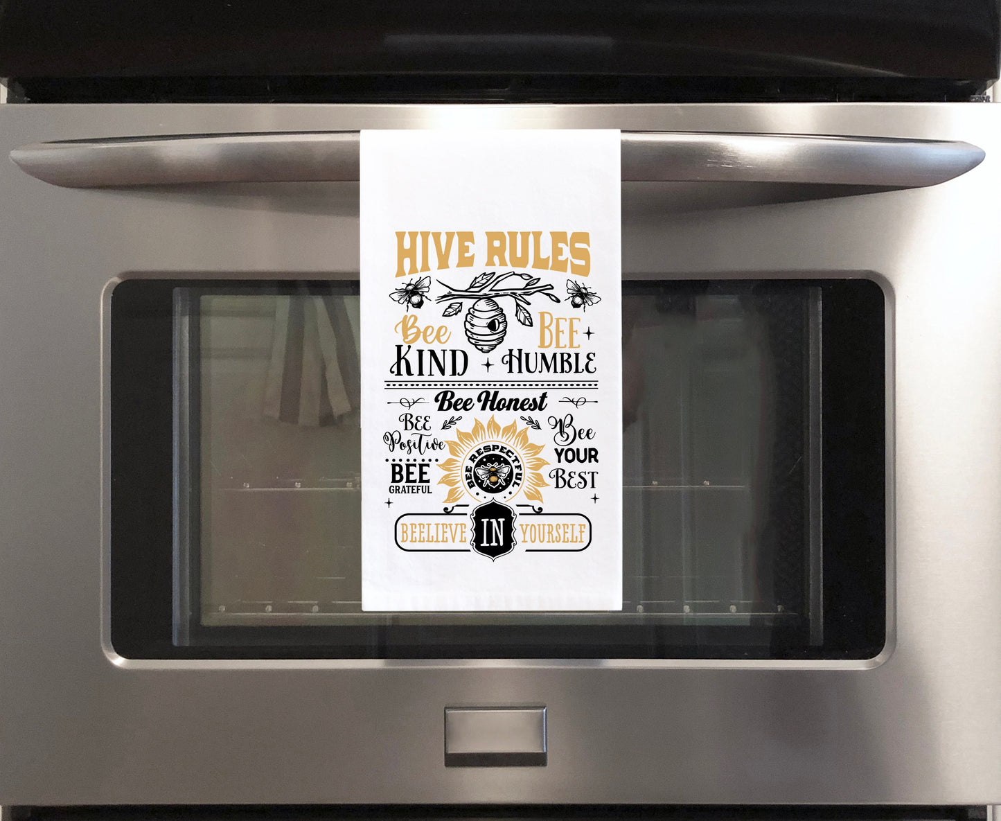 Hive Rules Hand Towel with Hanging Loop - 100% Cotton Flour Sack Towels - Bee Lover Family Hostess Birthday Mother's Day Gift