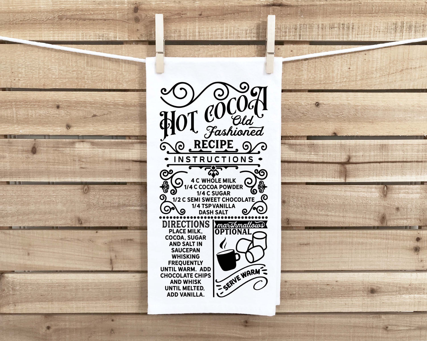 Old Fashioned Hot Cocoa Recipe Flour Sack Towel with Hanging Loop Cute Festive Dish Hand Kitchen Decor Holiday Christmas Gift for Women