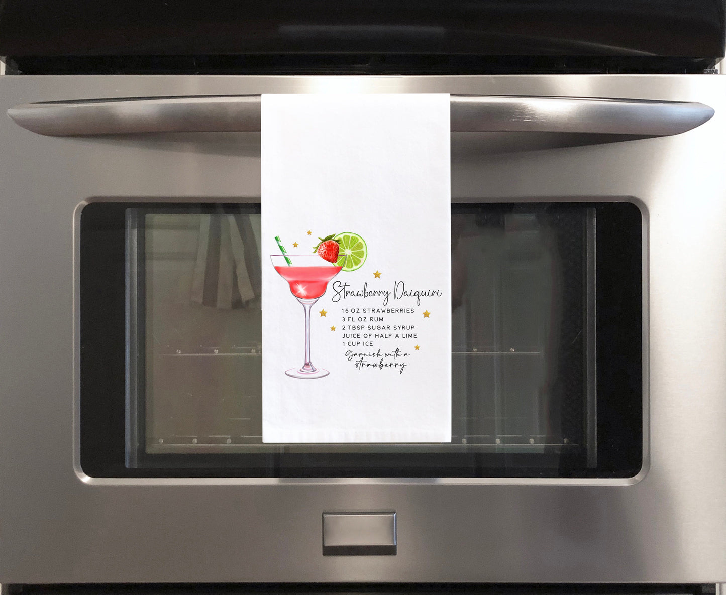 Strawberry Daiquiri Recipe Hand Towel with Hanging Loop - 100% Cotton Flour Sack Tea Towels - Home Bar Hostess Birthday Mother's Day Gift