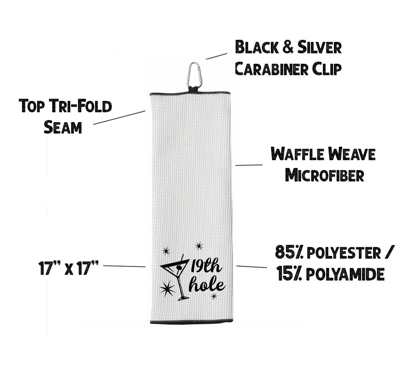 19th Hole Funny Tri-fold Golf Towel with Clip 100% Microfiber White Waffle Weave Gift Idea for Women Men