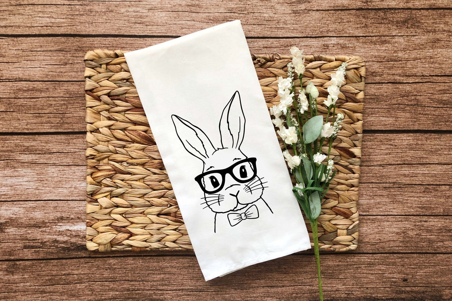 Set of 2 Easter Bunny Tea Towels Funny Cute Rabbit Glasses Hip Hop Flour Sack Dish Bathroom or Kitchen Hand Towel Spring Home Decor