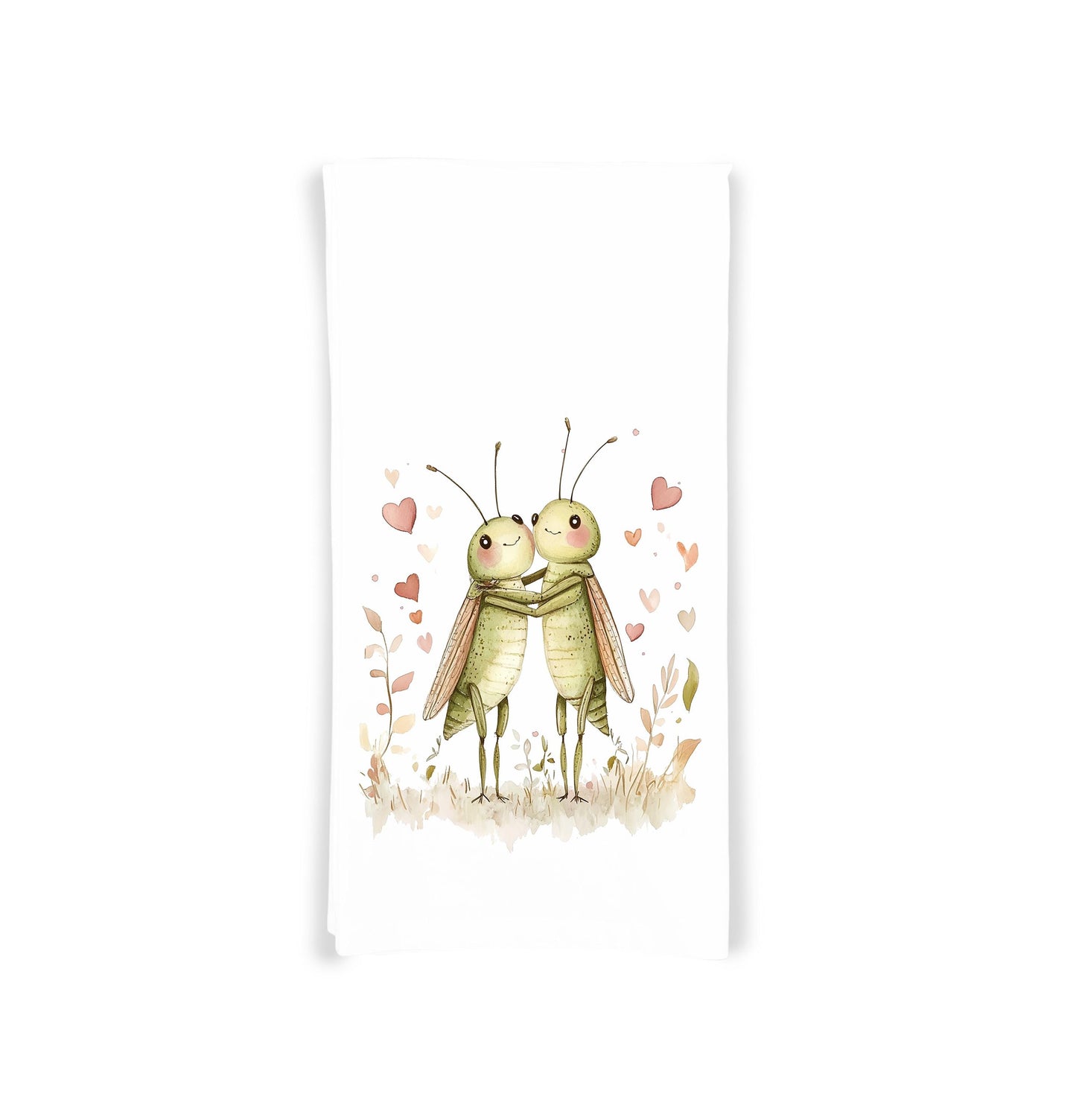 Two Crickets in Love Flour Sack Cotton Tea Towel, Cute Bug Couple, Valentine's Day Birthday Mother's Day Christmas Gift Idea for Bug Lover