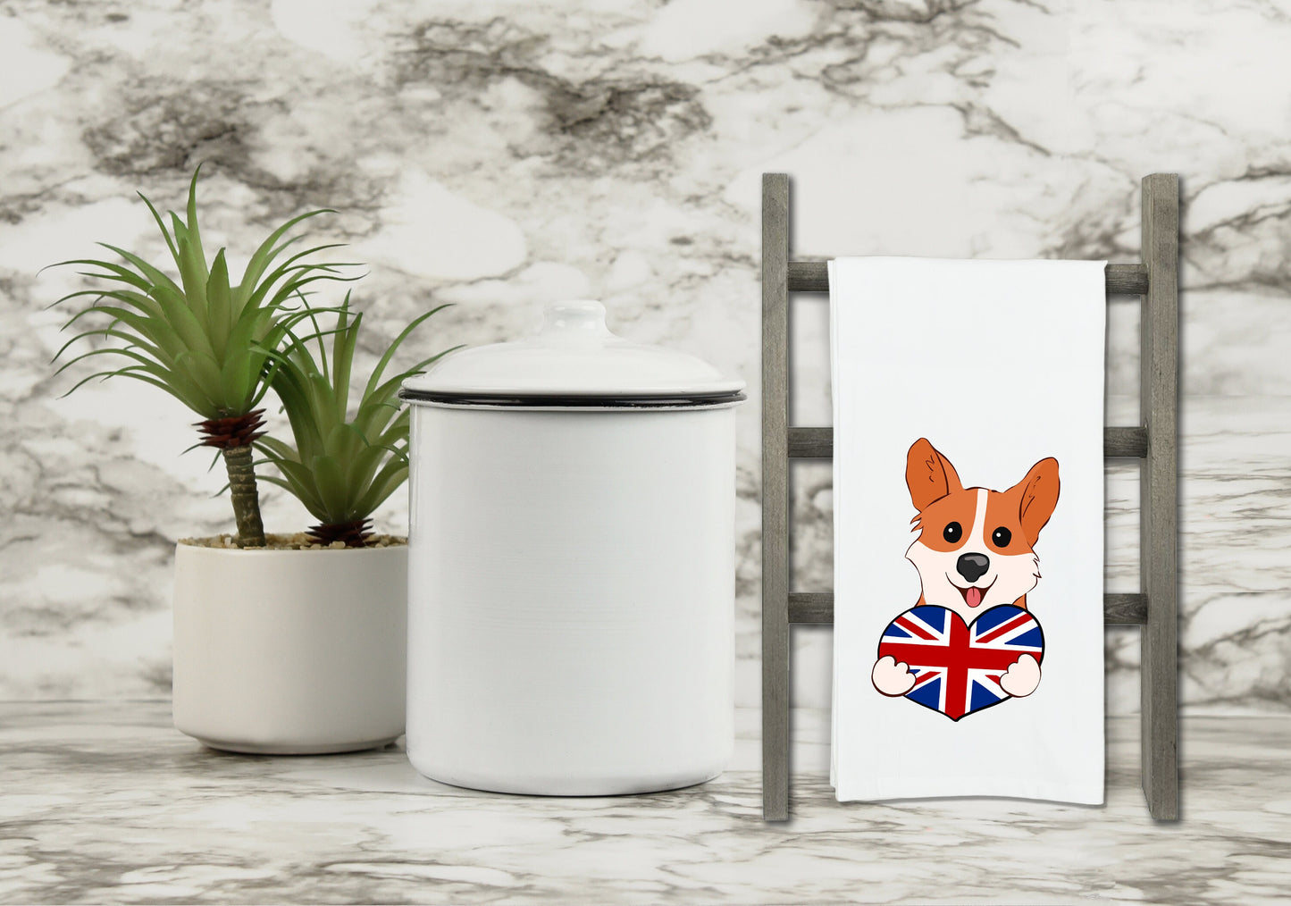 Corgi Holding a Union Jack Heart Flour Sack Kitchen Towel with Hanging Loop Funny Cute British Flag Dog Dish Cloth Housewarming Hostess Gift