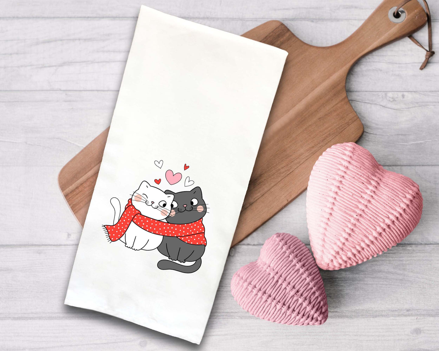 Two Cats Scarf Hearts Valentine Flour Sack Kitchen Towel Funny Cute Red White Kitty Love Hand Tea Valentines Day Decor Dish Towels Gift Idea