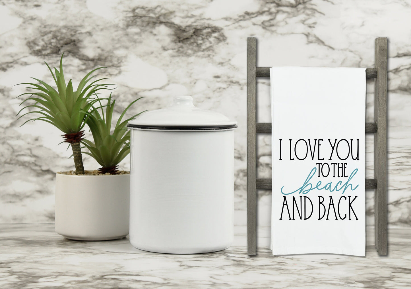I Love You to the Beach and Back Flour Sack Kitchen Towel with Hanging Loop - Housewarming Hostess Birthday Christmas Gift Idea