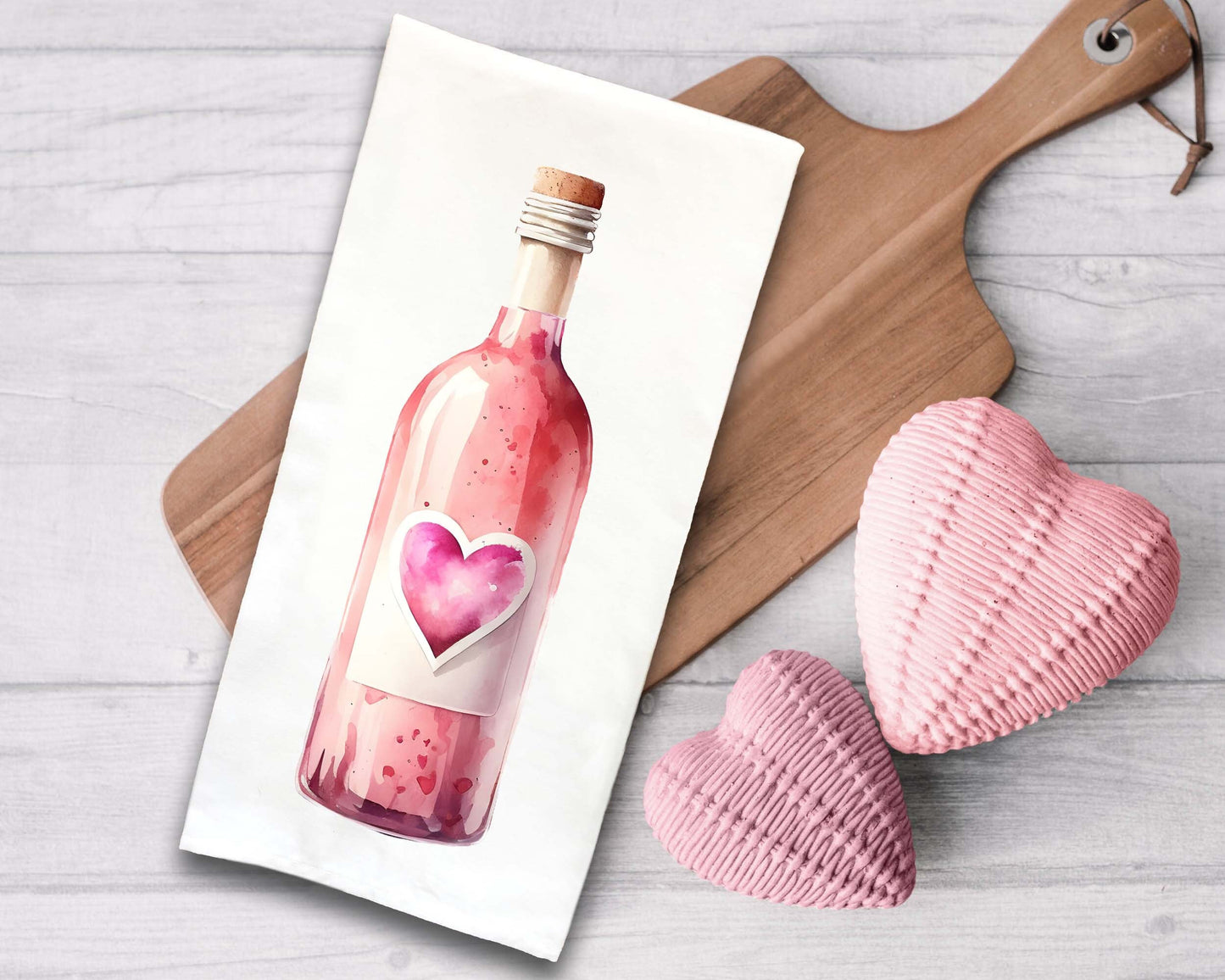 Set of 3 Valentine Wine Bottle Tea Towels Cute Watercolor Pastel Heart Hand Flour Sack Dish Towel Valentine's Birthday Mother's Day Gift