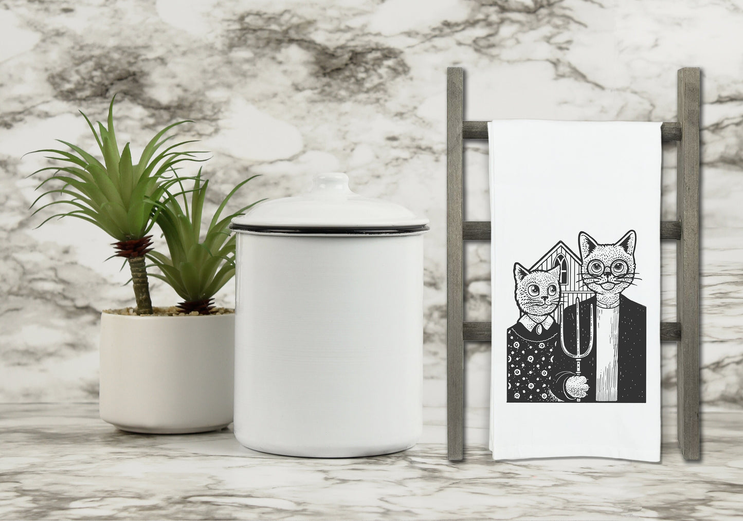 American Gothic Cats Parody Flour Sack Kitchen Towel with Hanging Loop Funny Cute Dish Cloth Housewarming Hostess Mothers Day Cat Lover Gift