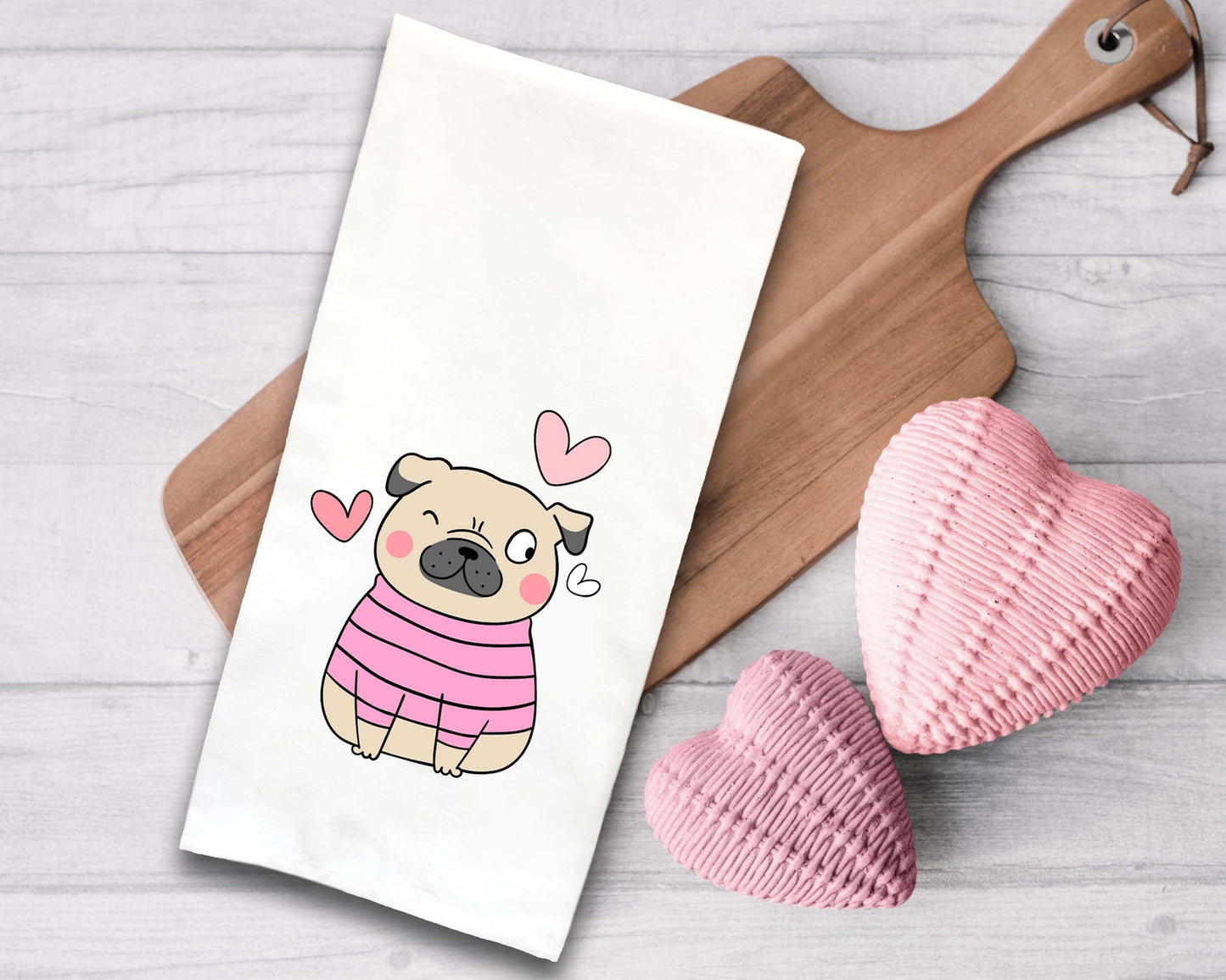 Pug with Pink Shirt and Hearts Kitchen Towel - Cute 100% Cotton Flour Sack Tea Towels - Gift Idea for Dog Lover Owner Birthday Mother's Day