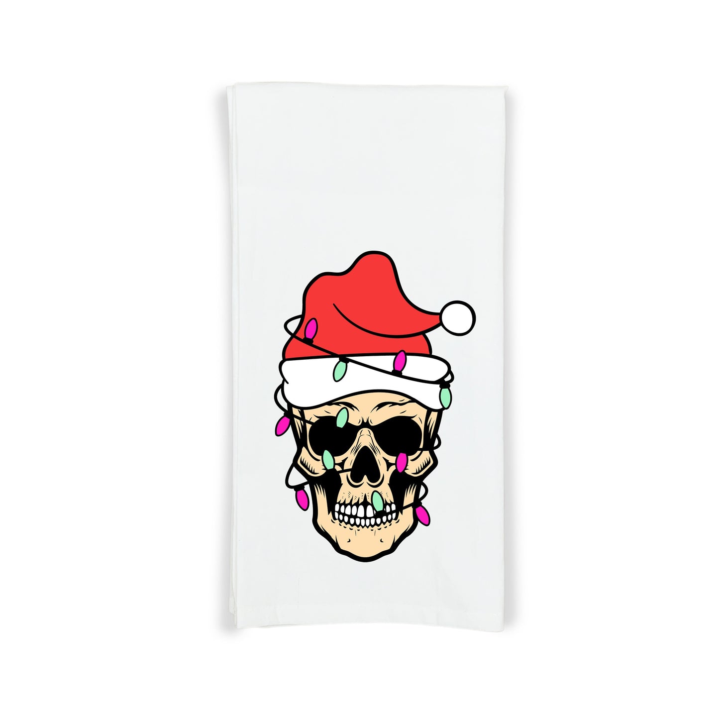 Skull with Santa Hat and Christmas Lights Hand Towel Flour Sack Kitchen Holiday Home Decor Decorations for Men Women