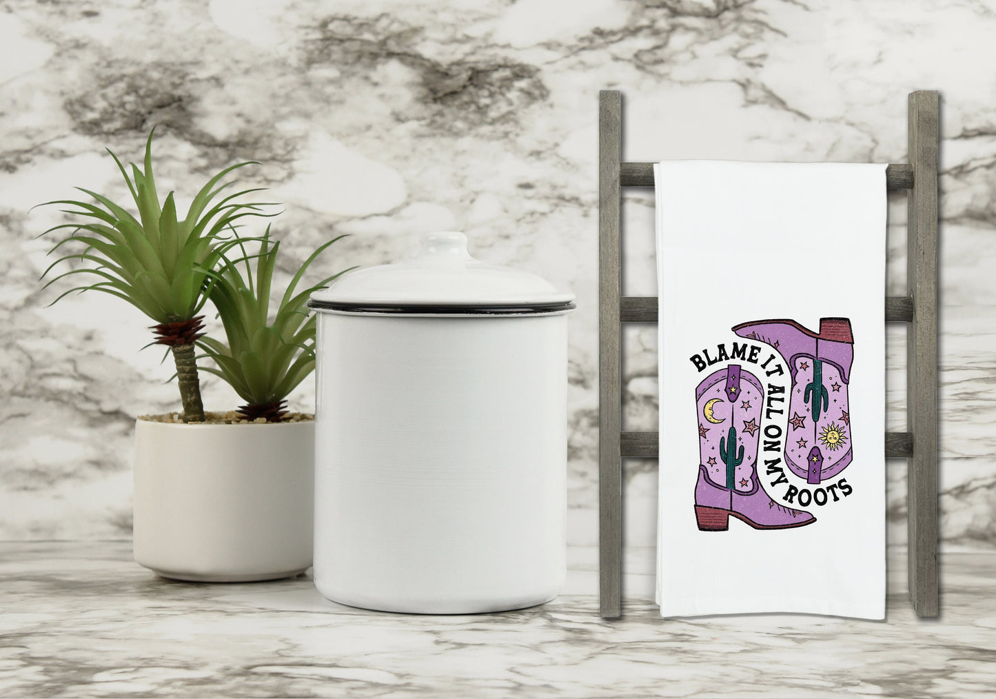 Blame It All on My Roots Flour Sack Kitchen Towel with Hanging Loop Funny Cute Cowgirl Western Dish Cloth Housewarming Hostess Mothers Day