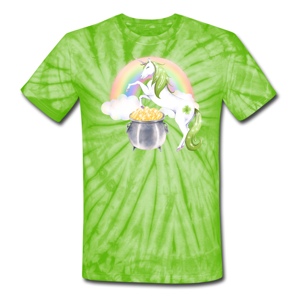 Unicorn Leprecorn St Patricks Day Unisex Tie Dye T-Shirt - spider lime green