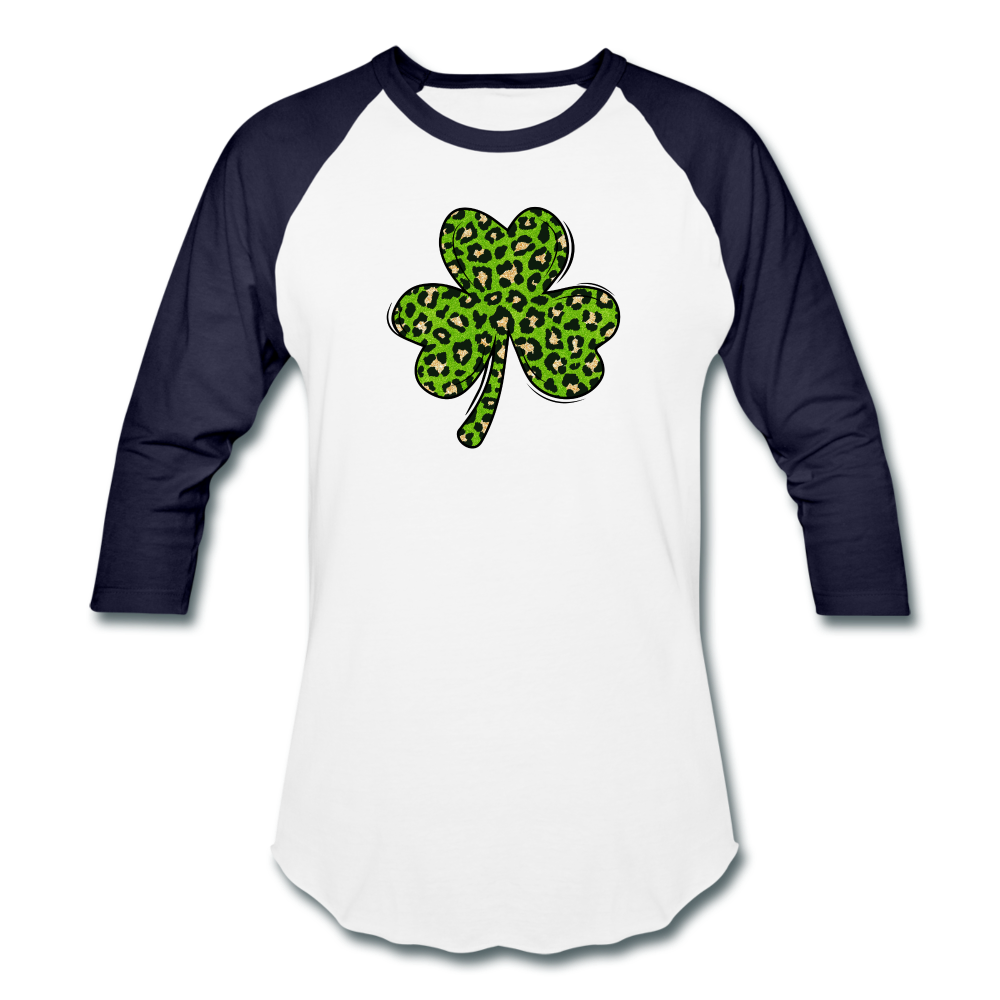 Leopard Print Shamrock Baseball T-Shirt - white/navy