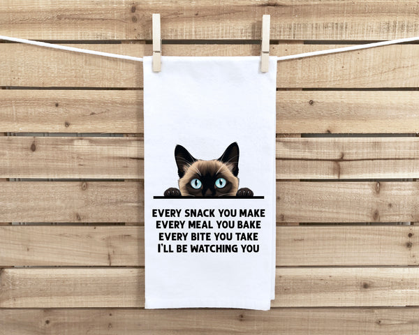 Siamese Cat Every Snack You Make Flour Sack Kitchen Towel Funny Peeking Kitty Dish Cloth Housewarming Hostess Birthday Christmas Gift