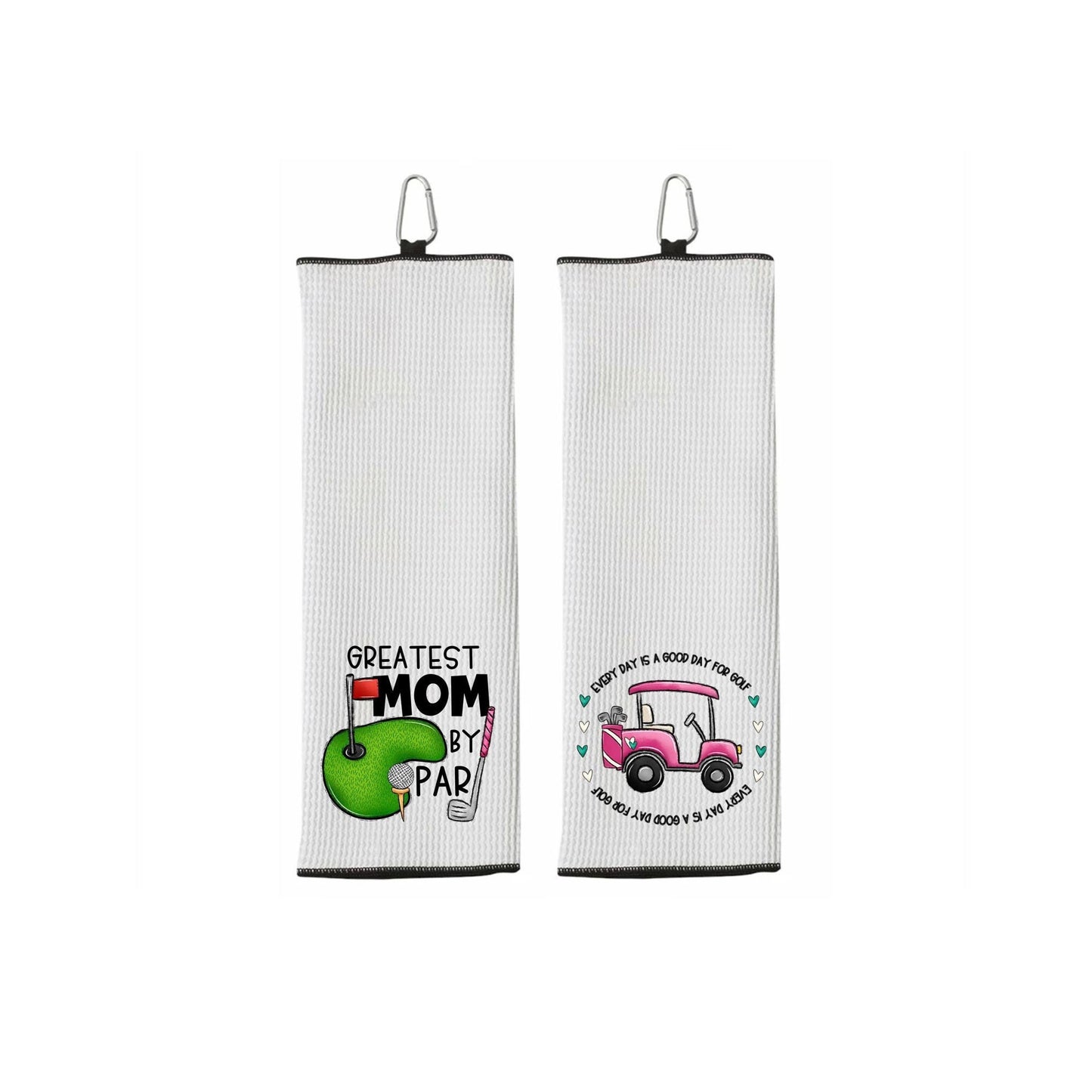 Set of 2 Golf Towels - Greatest Mom by Par - Every Day Is a Good Day for Golf - Tri-fold 100% Microfiber Waffle Weave with Clip for Women