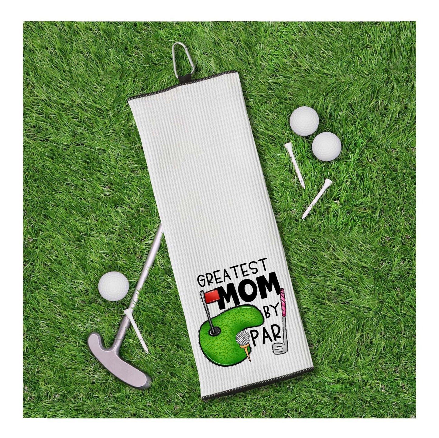 Greatest Mom by Par Tri-fold Golf Towel with Clip 100% Microfiber Waffle Weave Cute Gift Idea for Women Mom Daughter Girlfriend Best Friend