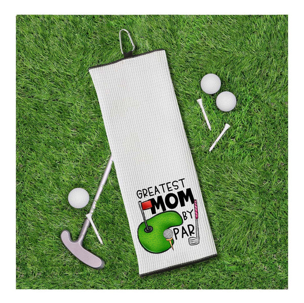 Greatest Mom by Par Tri-fold Golf Towel with Clip 100% Microfiber Waffle Weave Cute Gift Idea for Women Mom Daughter Girlfriend Best Friend