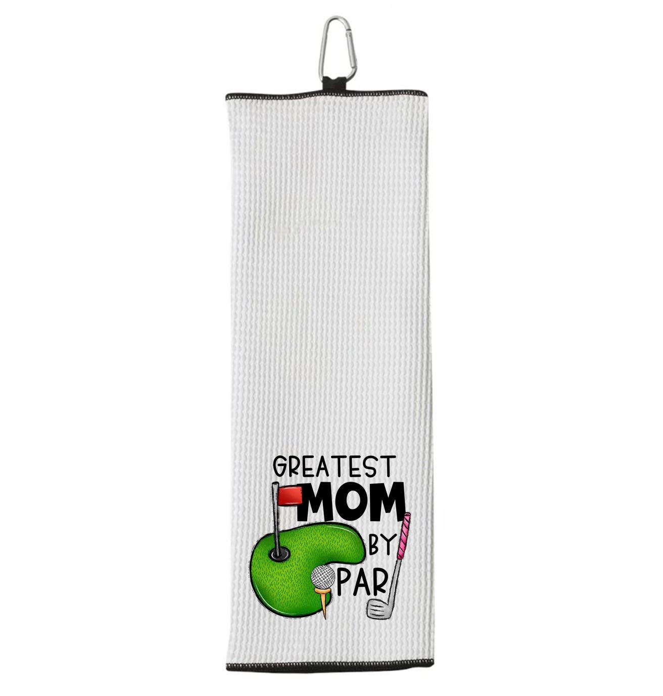 Greatest Mom by Par Tri-fold Golf Towel with Clip 100% Microfiber Waffle Weave Cute Gift Idea for Women Mom Daughter Girlfriend Best Friend