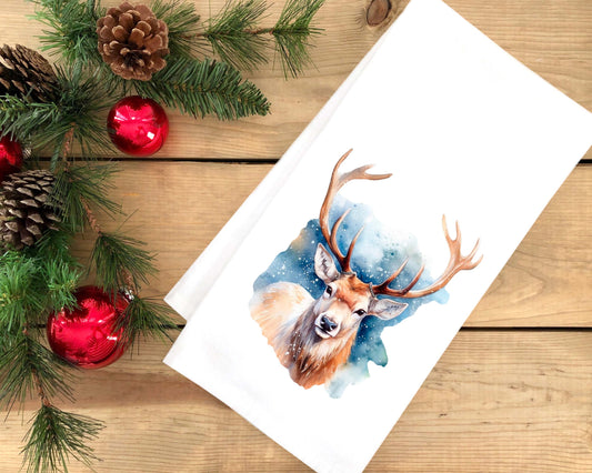 Winter Watercolor Reindeer Christmas Tea Towel Flour Sack Kitchen Towel Deer Lover Home Decor Decoration for Men Women