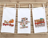 Set of 3 Thanksgiving Flour Sack Kitchen Towels Pies Before Guys Gobble Till You Wobble Turkey Gravy Casserole Housewarming Hostess Gift