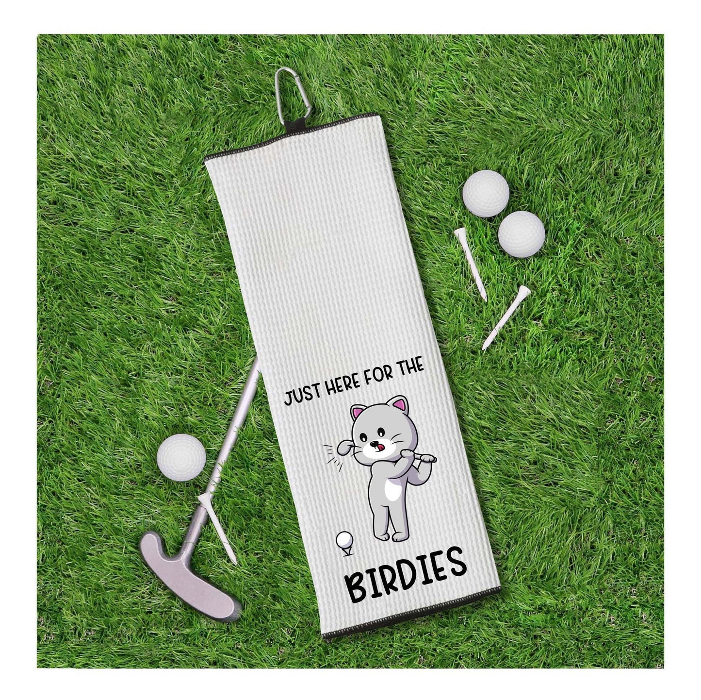 Just Here for the Birdies Funny Cat Funny Tri-fold Golf Towel with Clip 100% Microfiber White Waffle Weave Gift Idea for Women Men