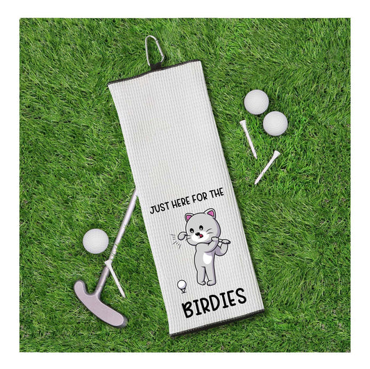 Just Here for the Birdies Funny Cat Funny Tri-fold Golf Towel with Clip 100% Microfiber White Waffle Weave Gift Idea for Women Men
