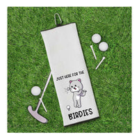Just Here for the Birdies Funny Cat Funny Tri-fold Golf Towel with Clip 100% Microfiber White Waffle Weave Gift Idea for Women Men