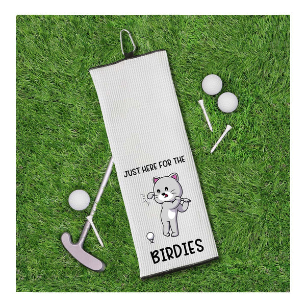 Just Here for the Birdies Funny Cat Funny Tri-fold Golf Towel with Clip 100% Microfiber White Waffle Weave Gift Idea for Women Men