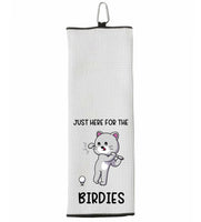 Just Here for the Birdies Funny Cat Funny Tri-fold Golf Towel with Clip 100% Microfiber White Waffle Weave Gift Idea for Women Men