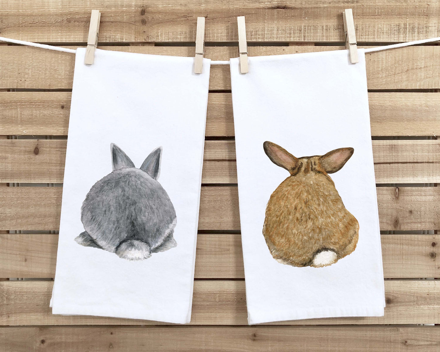 Set of 2 Bunny Butt Tea Towels Funny Cute Easter Rabbit Hare Cottontail Flour Sack Dish Bathroom or Kitchen Decor Decorative Hand Towel