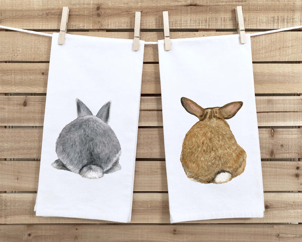 Set of 2 Bunny Butt Tea Towels Funny Cute Easter Rabbit Hare Cottontail Flour Sack Dish Bathroom or Kitchen Decor Decorative Hand Towel