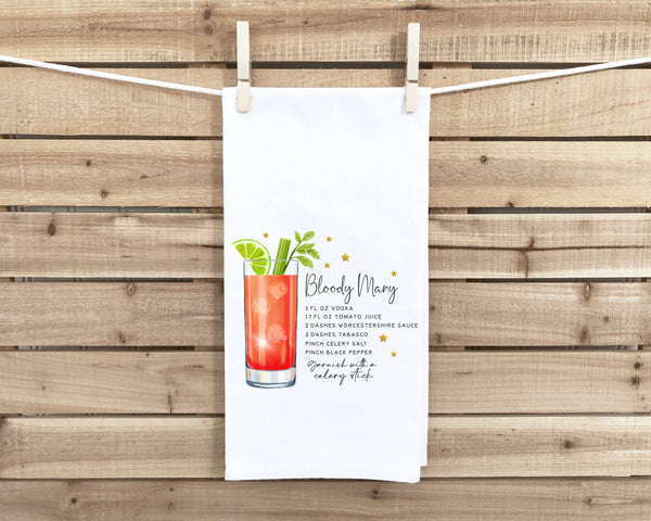 Bloody Mary Recipe Hand Towel with Hanging Loop - 100% Cotton Flour Sack Towels - Cute Bar Cart Towel - Hostess Birthday Mother's Day Gift