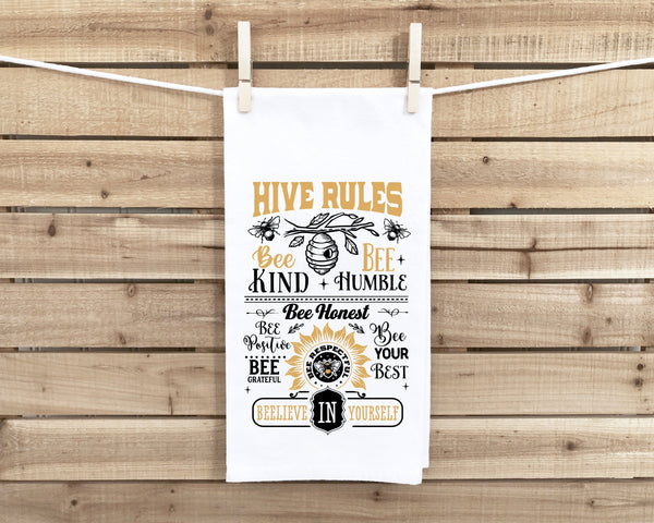 Hive Rules Hand Towel with Hanging Loop - 100% Cotton Flour Sack Towels - Bee Lover Family Hostess Birthday Mother's Day Gift