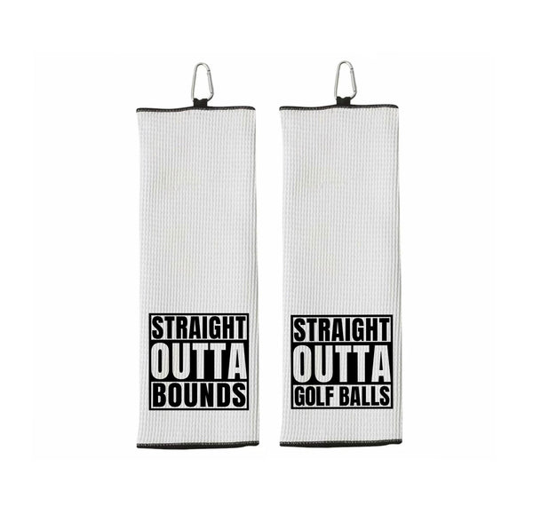 Straight Outta Golf Balls - Straight Outta Bounds - Set of 2 Tri-fold Golf Towels with Clip 100% Microfiber Waffle Weave Black White Gift