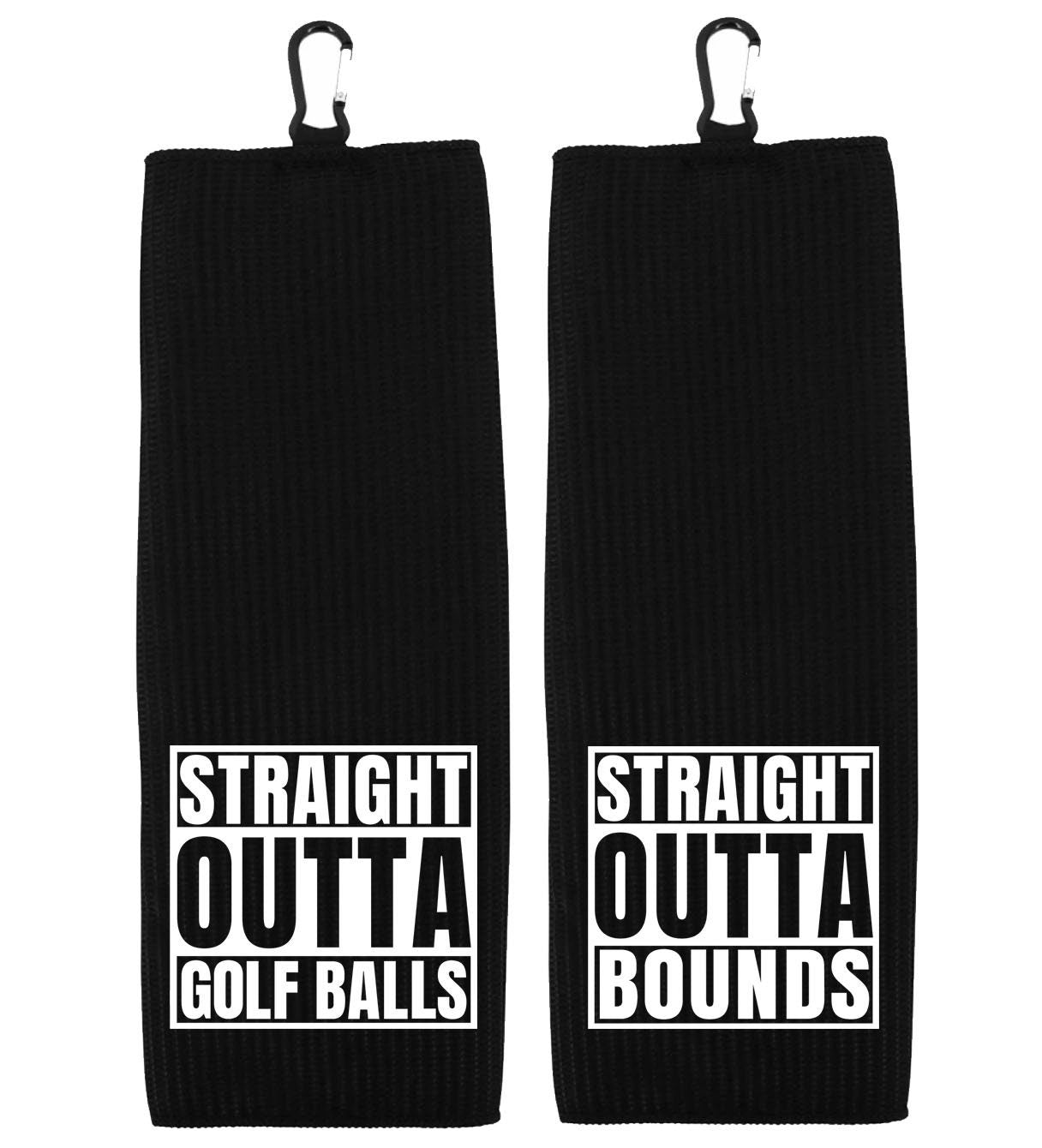 Straight Outta Golf Balls - Straight Outta Bounds - Set of 2 Tri-fold Golf Towels with Clip 100% Microfiber Waffle Weave Black White Gift