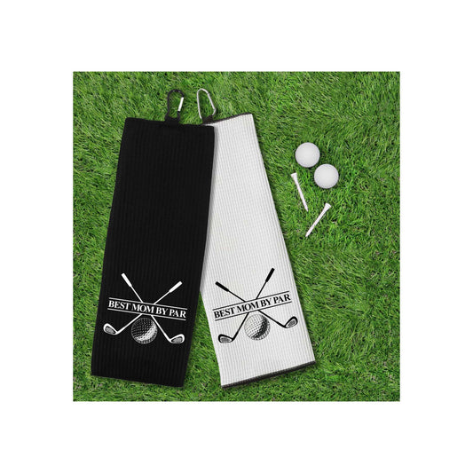 Best Mom By Par Tri-fold Golf Towel with Clip 100% Microfiber Waffle Weave Black White Gift Idea for Golfer Women