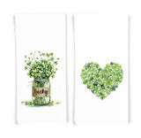 Lucky Shamrock Bouquet and Heart Shamrock Set of 2 Flour Sack Kitchen Towels Dish Cloth Hostess St Patricks Day Irish Gift for Women Men