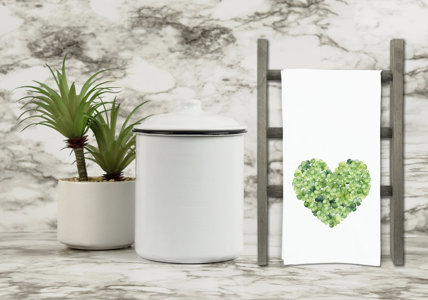 Lucky Shamrock Bouquet and Heart Shamrock Set of 2 Flour Sack Kitchen Towels Dish Cloth Hostess St Patricks Day Irish Gift for Women Men