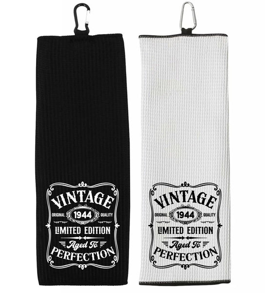 Vintage 1944 Aged to Perfection Tri-fold Golf Towel with Clip 100% Microfiber Black Waffle Weave Gift Idea for Golfer Men for 80th Birthday