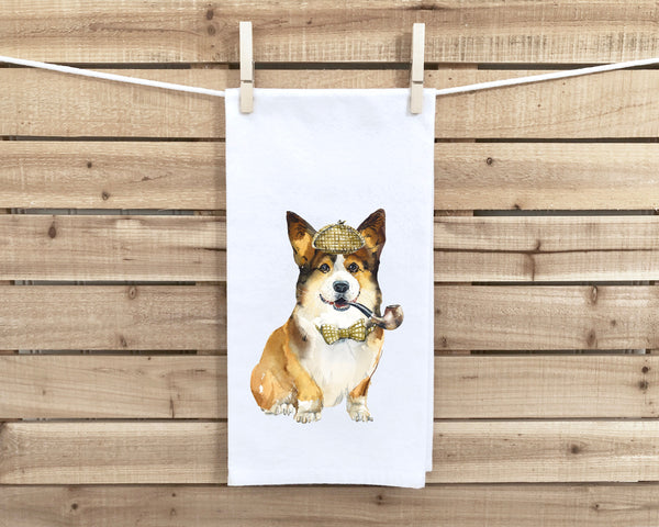 Corgi with Pipe Wearing Deerstalker Hat Flour Sack Kitchen Towel with Hanging Loop Funny Cute Dog Dish Cloth Housewarming Hostess Gift