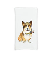 Corgi with Pipe Wearing Deerstalker Hat Flour Sack Kitchen Towel with Hanging Loop Funny Cute Dog Dish Cloth Housewarming Hostess Gift