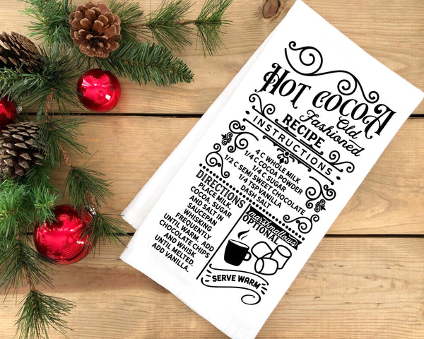Old Fashioned Hot Cocoa Recipe Flour Sack Towel with Hanging Loop Cute Festive Dish Hand Kitchen Decor Holiday Christmas Gift for Women