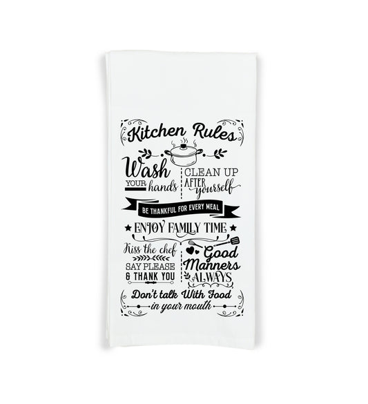 Kitchen Rules Dish Towel with Hanging Loop - 100% Cotton Flour Sack Towels - Birthday Christmas Hostess Housewarming Mother's Day Gift