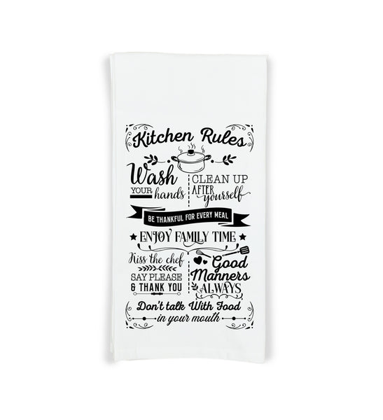 Kitchen Rules Dish Towel with Hanging Loop - 100% Cotton Flour Sack Towels - Birthday Christmas Hostess Housewarming Mother's Day Gift