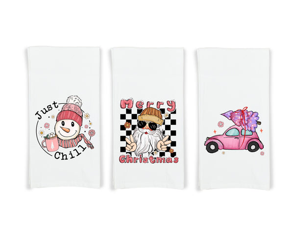 Hippie Christmas Pink and Black Set of 3 Flour Sack Kitchen Tea Hand Towels Santa Claus Car and Snowman Holiday Home Decor Party Decorations
