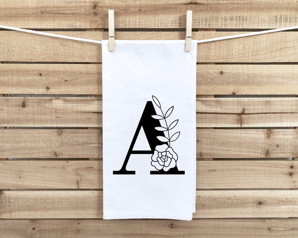 Letter A Floral Monogram Kitchen Towel with Hanging Loop - 100% Cotton Flour Sack Towels - Monogrammed Birthday Mother's Day Gift for Women