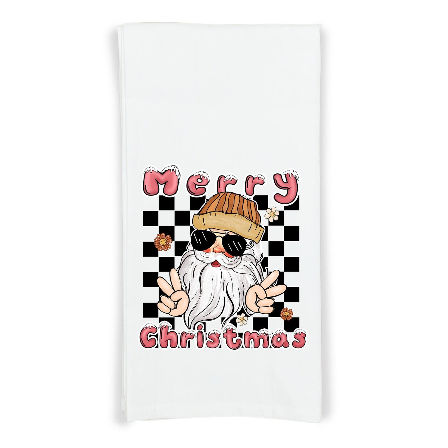 Hippie Christmas Pink and Black Set of 3 Flour Sack Kitchen Tea Hand Towels Santa Claus Car and Snowman Holiday Home Decor Party Decorations