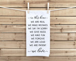 In This Home We Love Kitchen Towel with Hanging Loop - 100% Cotton Flour Sack Towels - Farmhouse Rustic Family Mother's Day Gift for Women