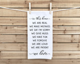 In This Home We Love Kitchen Towel with Hanging Loop - 100% Cotton Flour Sack Towels - Farmhouse Rustic Family Mother's Day Gift for Women