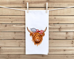 Patriotic Highland Cow Flour Sack Kitchen Towel with Hanging Loop - Funny Western Farmhouse Dish Cloth Housewarming Hostess Mothers Day