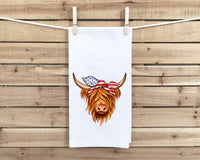 Patriotic Highland Cow Flour Sack Kitchen Towel with Hanging Loop - Funny Western Farmhouse Dish Cloth Housewarming Hostess Mothers Day